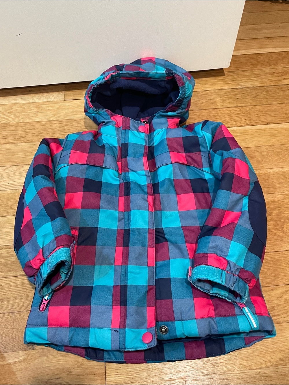 Cat & Jack Girls Plaid Hooded Puffer Jacket - Blue & Pink